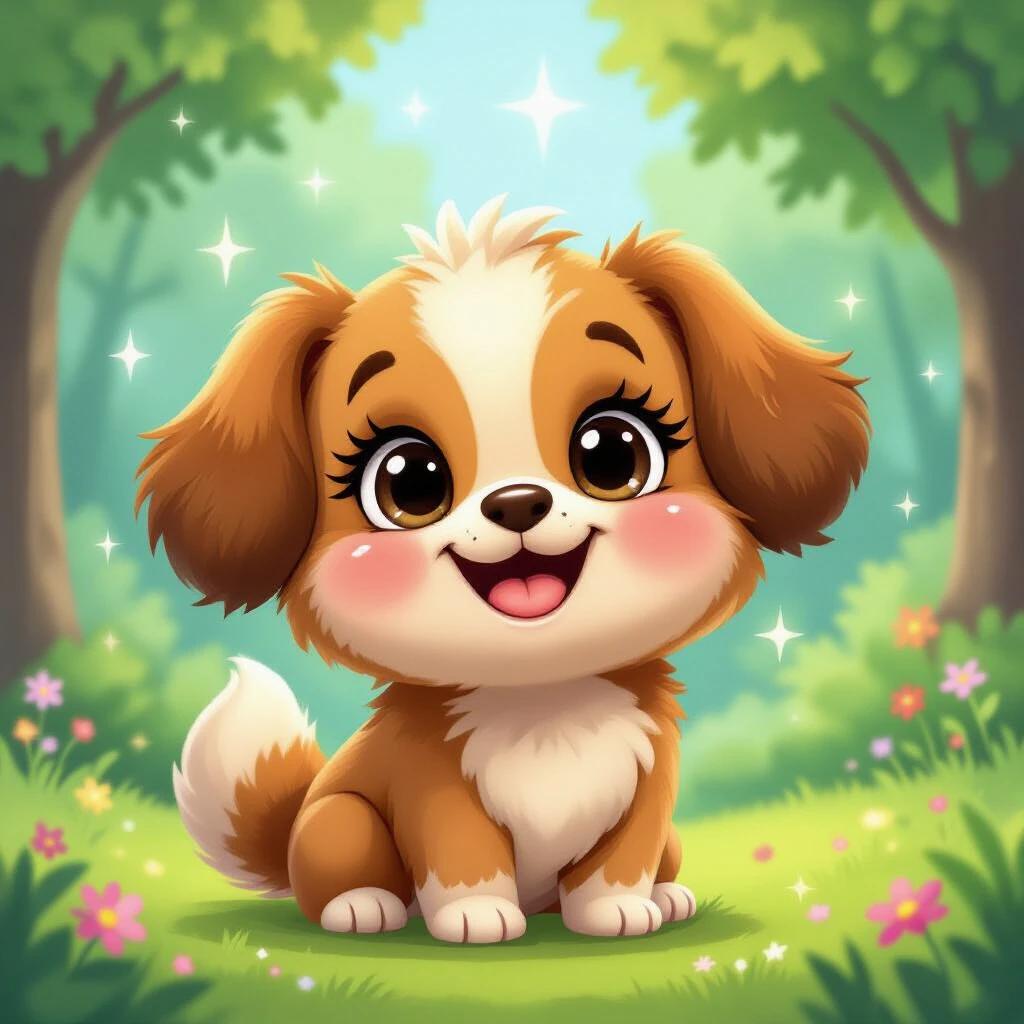 Create a cute child-friendly illustration of a happy dog with expressive eyes and a wide smile. The fur is soft and fluffy with warm tones. The background is colorful like a magical forest with soft lighting and sparkles.