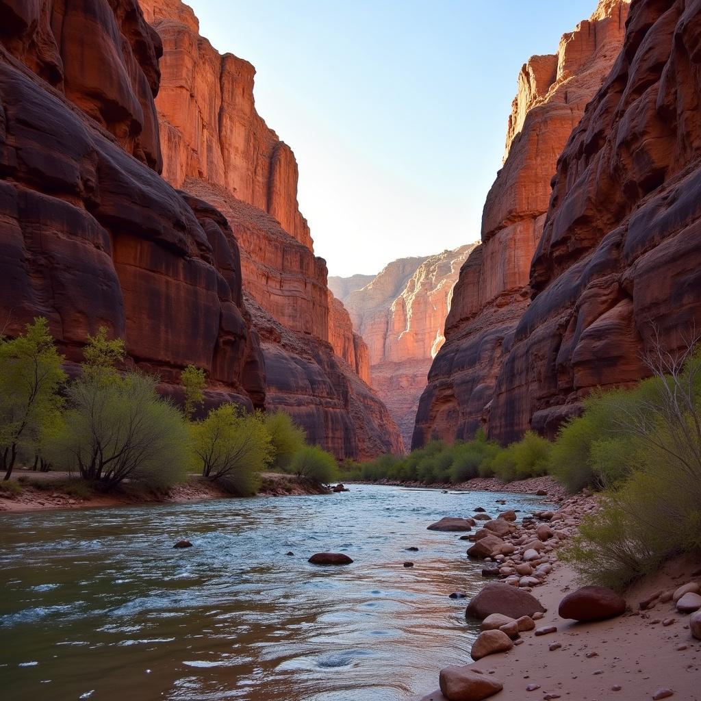 This image captures a stunning canyon landscape. Towering red and brown rock formations create steep cliffs on either side. A tranquil river flows through the center of the canyon. Lush green vegetation contrasts beautifully with the rocky surroundings. Soft light bathes the scene, highlighting the majestic beauty of nature. This area is perfect for outdoor adventures and nature photography. The canyon appears to be a serene escape into the wilderness. The view invites you to explore and experience the great outdoors.