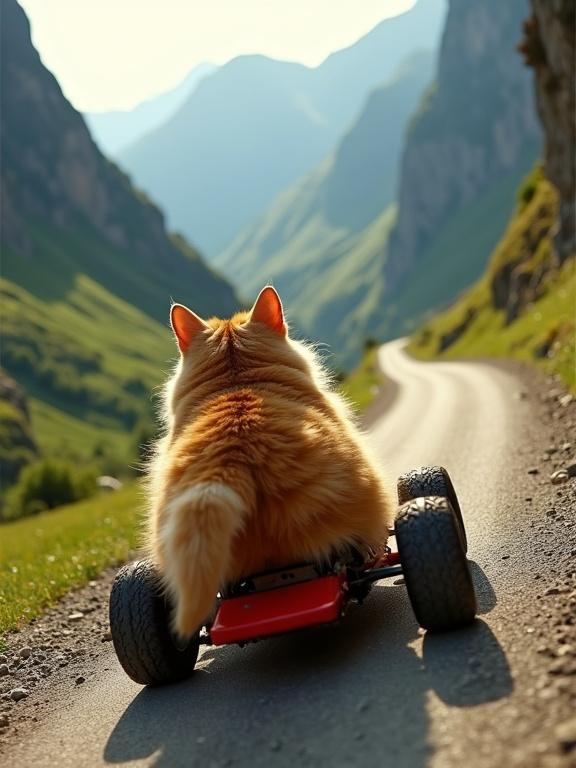 A fat orange cat races in a miniature go-kart down a steep mountain slope. The cat's fur fluffs up dramatically from the wind. The go-kart has a bright red chassis. The path is rugged. Lush green valleys and towering cliffs are in the background. Sunlight glints off the cat's fur.