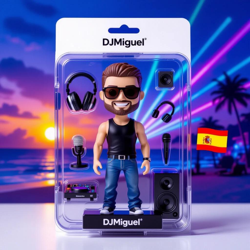 Diagonal view of a transparent blister pack showcasing DJ Miguel collectible figure. The figure has white skin, medium build, short brown hair, charismatic smile, beard, sunglasses, dressed in black tank top and jeans. Background features a sunset beach and nightclub with neon lights. Accessories include headphones, DJ console, microphone, speaker, Spanish flag, watermelon, and Facebook badge. Minimalist label on top with FUNKYMAN logo. Soft lighting and reflections on the plastic.