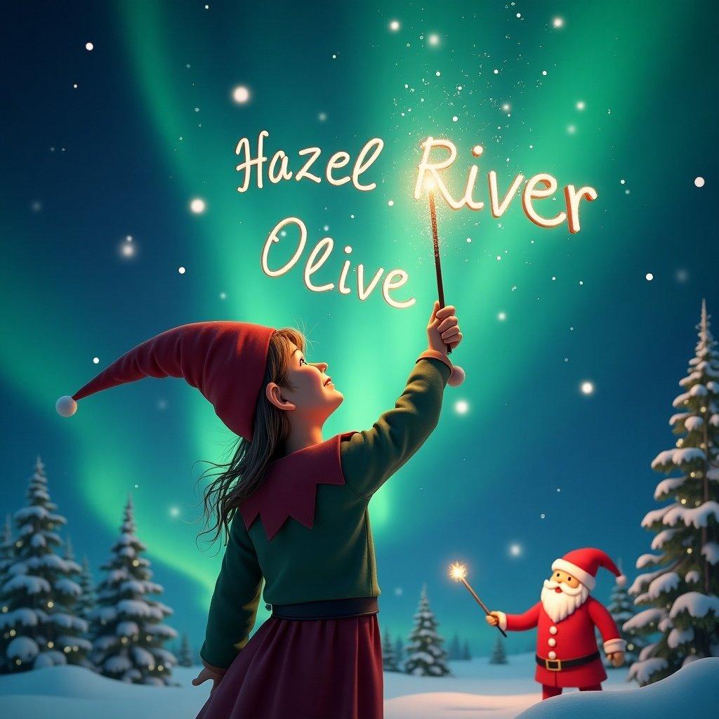 Elf faces magical sky using wand to write names in the air. Background has northern lights and Santa Claus. Names written are 'Hazel', 'River', 'Olive'.