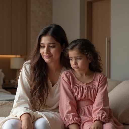 A couple in a luxury bedroom. Lady looks sad sitting on bed. Man is relaxing lying on bed. Both wearing Pakistani dress.