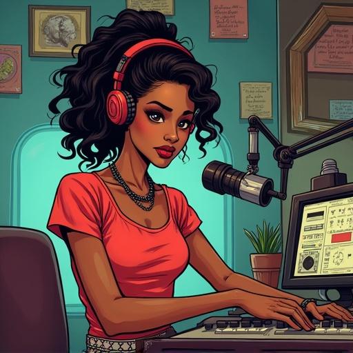 An illustration of a girl DJ working at a radio station. She has headphones on and is focused on her mixing equipment. The style resembles a western comic book.