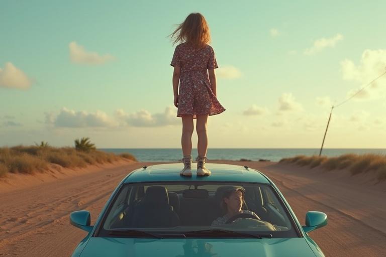 A girl stands on the roof of a car. The scene captures a sandy road leading to the ocean. The sky has a warm hue, suggesting sunset. The girl wears a dress and looks carefree. An adult is driving the car.