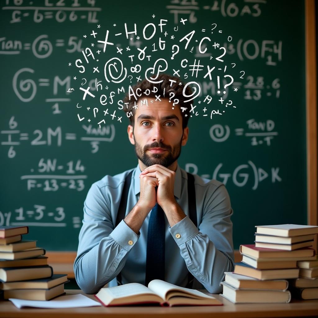 A human representation of algebra. A figure sits at a desk surrounded by books. Mathematical symbols float above the head, illustrating the concept of algebra and learning. The background includes a chalkboard with equations and formulas, creating an academic atmosphere.