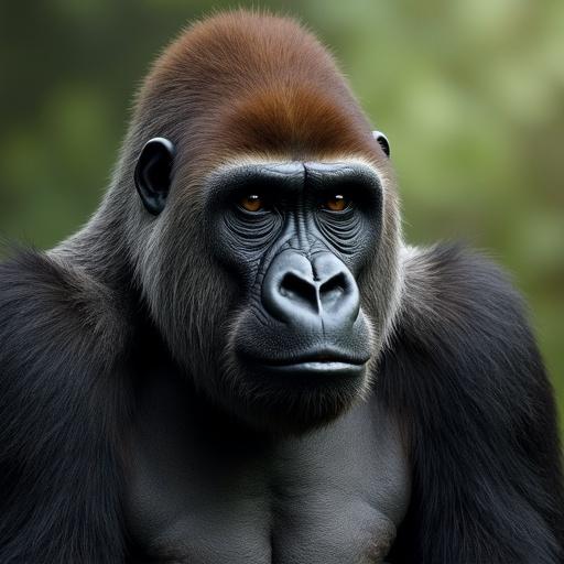 Gorilla depicted as a president in Gabon. The animal has a serious expression. Natural environment background.