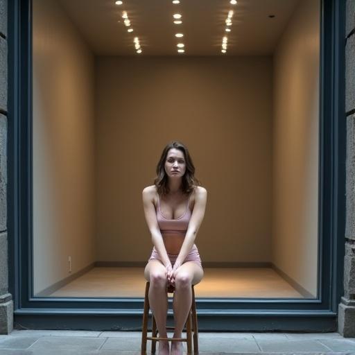 woman with sad angry face sitting on a high stool in underwear in empty room behind a large display window in Brussels