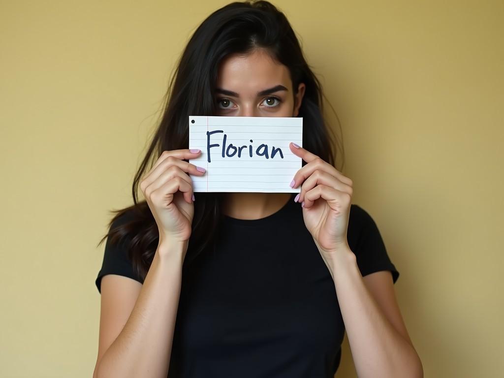 The image features a person holding a piece of paper in front of their face with the name 'Florian' written on it. The backdrop is a plain yellow wall, and the individual is wearing a simple black shirt. This composition creates a mysterious and intriguing atmosphere.