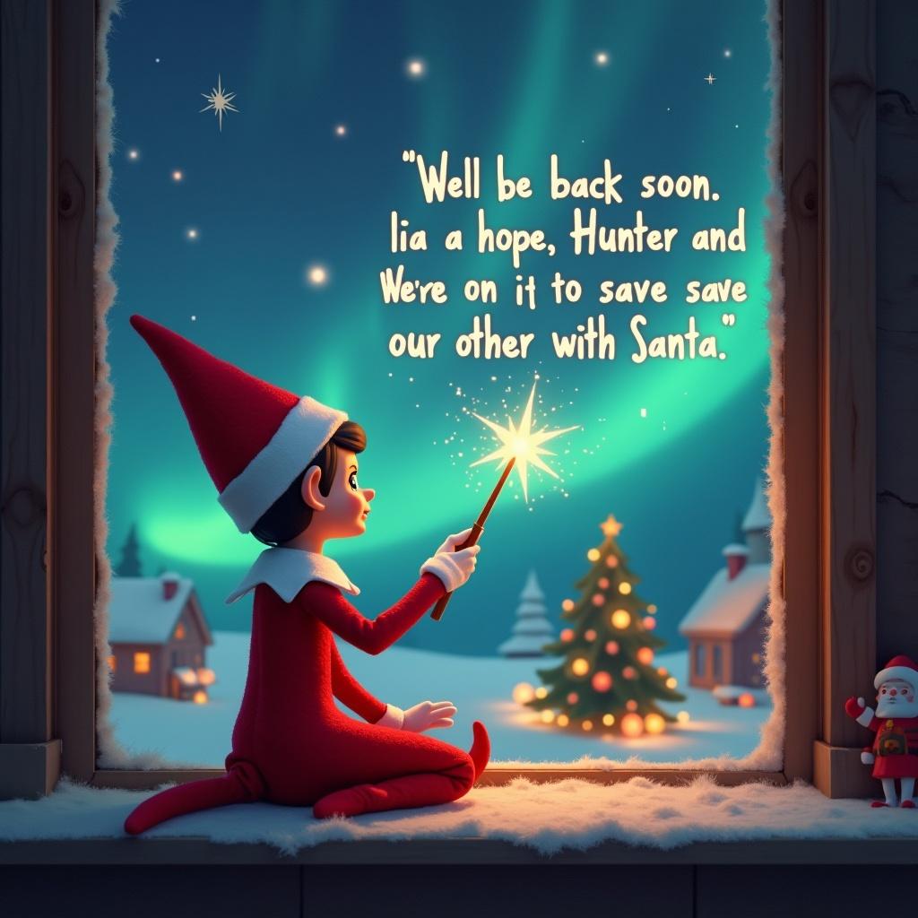 The elf on the shelf gazes skyward. The glowing wand creates a sparkling message in the air about a mission with Santa. Colorful northern lights swirls overhead. A cozy Christmas scene is in the background.