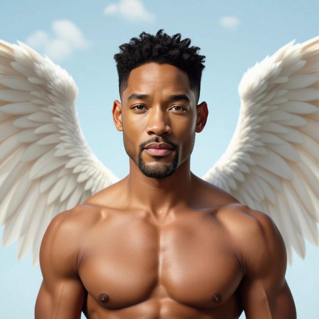 A muscular person with large white wings standing in front of a blue sky with soft clouds. The figure radiates strength and inspiration with an uplifting presence. Wing feathers are detailed and vibrant against the sky.