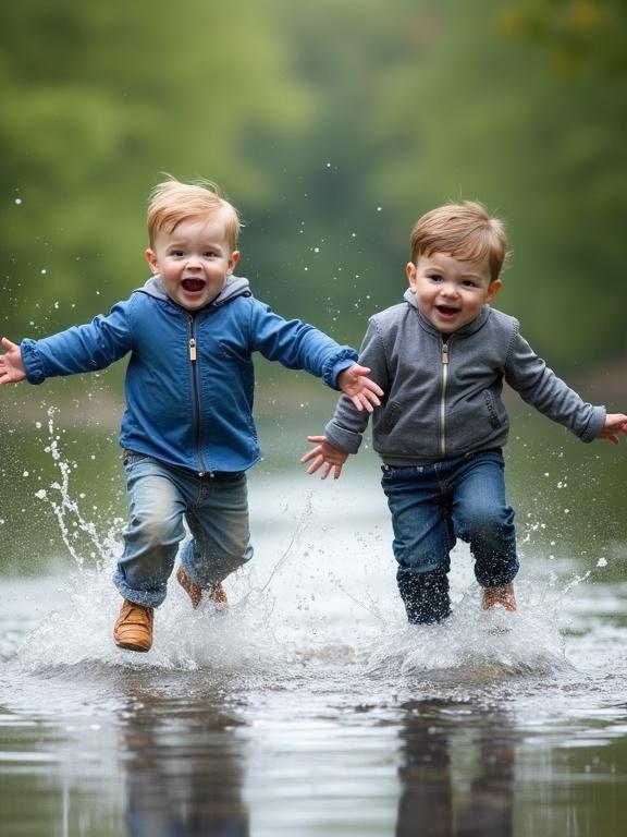 Two toddlers wearing blue and grey clothing jumping in the water. They are mid-air with arms outstretched and excited expressions. The scene captures the moment before they splash down into the river.