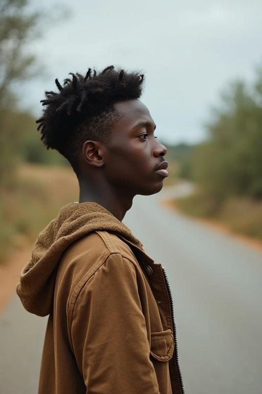 Young boy standing on a road wearing a hoodie and jacket. The setting is outdoors with trees and a pathway visible. The boy's facial expression reflects thoughtfulness. Soft natural lighting emphasizes the scene.
