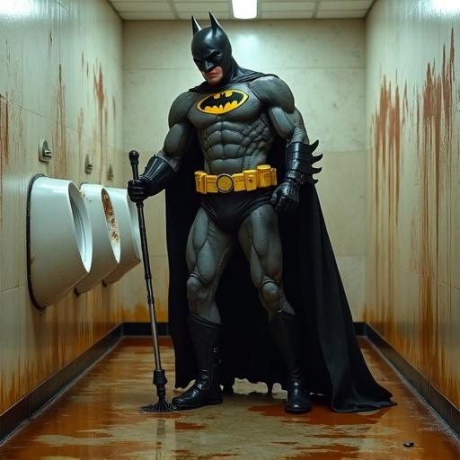 Batman wearing superhero costume. Full costume equipped with cape and tools. Cleaning dirty public toilet. Toilet filled with stained brown liquid. Brightly lit restroom environment.