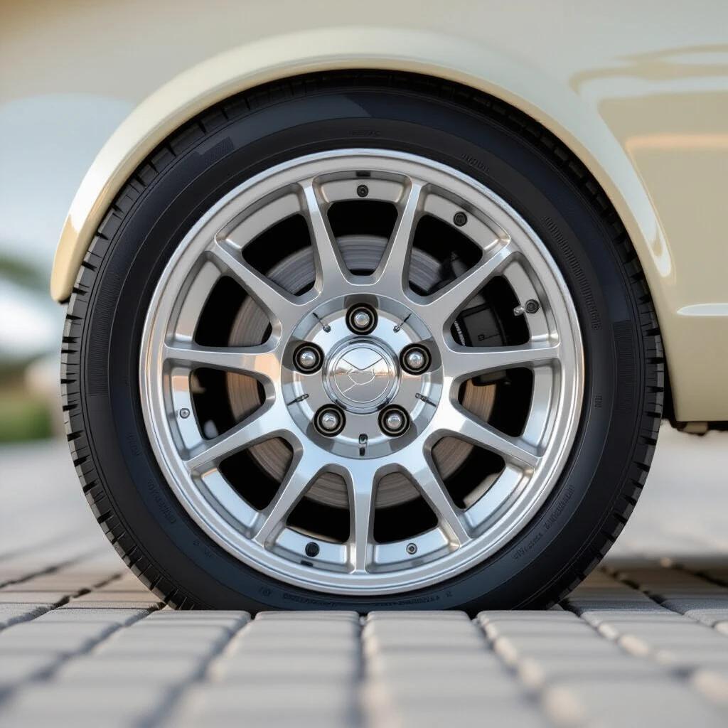 Close-up image of a 1972 Datsun 240Z wheel. Focus on spoke threads and details. Matte void background. Phase-detection focus. No post-sharpening.