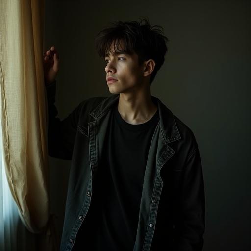 A young man stands near a sheer curtain. Arm rests lightly upon the curtain. Three-quarter shot focusing on upper body. Dramatic lighting from the right. Strong light casts shadows on his face. Muted color palette with dark grays and blacks. Warmer beige curtain contrasts with dark outfit. Moody cinematic style reminiscent of film noir. Slightly elevated camera angle looking down. Wears dark gray worn jacket over black shirt. Mood appears contemplative and melancholic. Background is dark and out of focus. Slightly grainy texture enhances film noir aesthetic. Quiet intensity and unspoken emotion are conveyed.