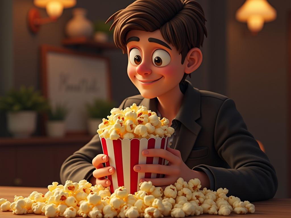 A young boy enjoys a large bucket of popcorn with spilled popcorn on the table.