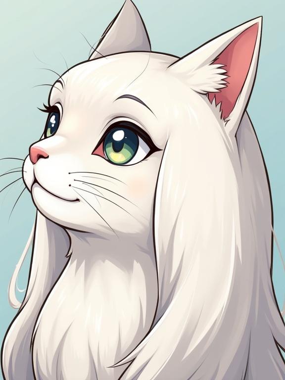 Long-haired white cat side face in anime style