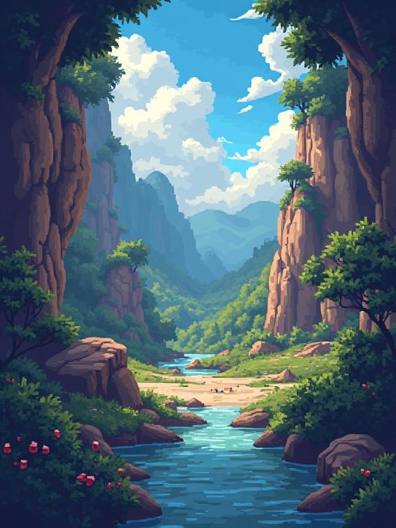 Pixel art depicting a serene valley with a river, surrounded by tall cliffs and trees