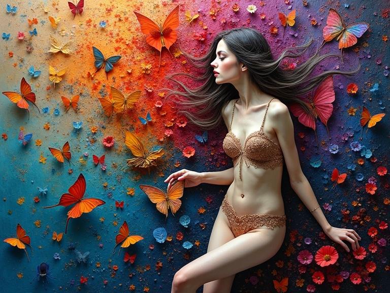 Stylized nude woman made of colorful stain glass surrounded by butterflies. Vibrant colors with a rich surface texture. Multilayered composition with intricate details. Magical and stunning visual quality.