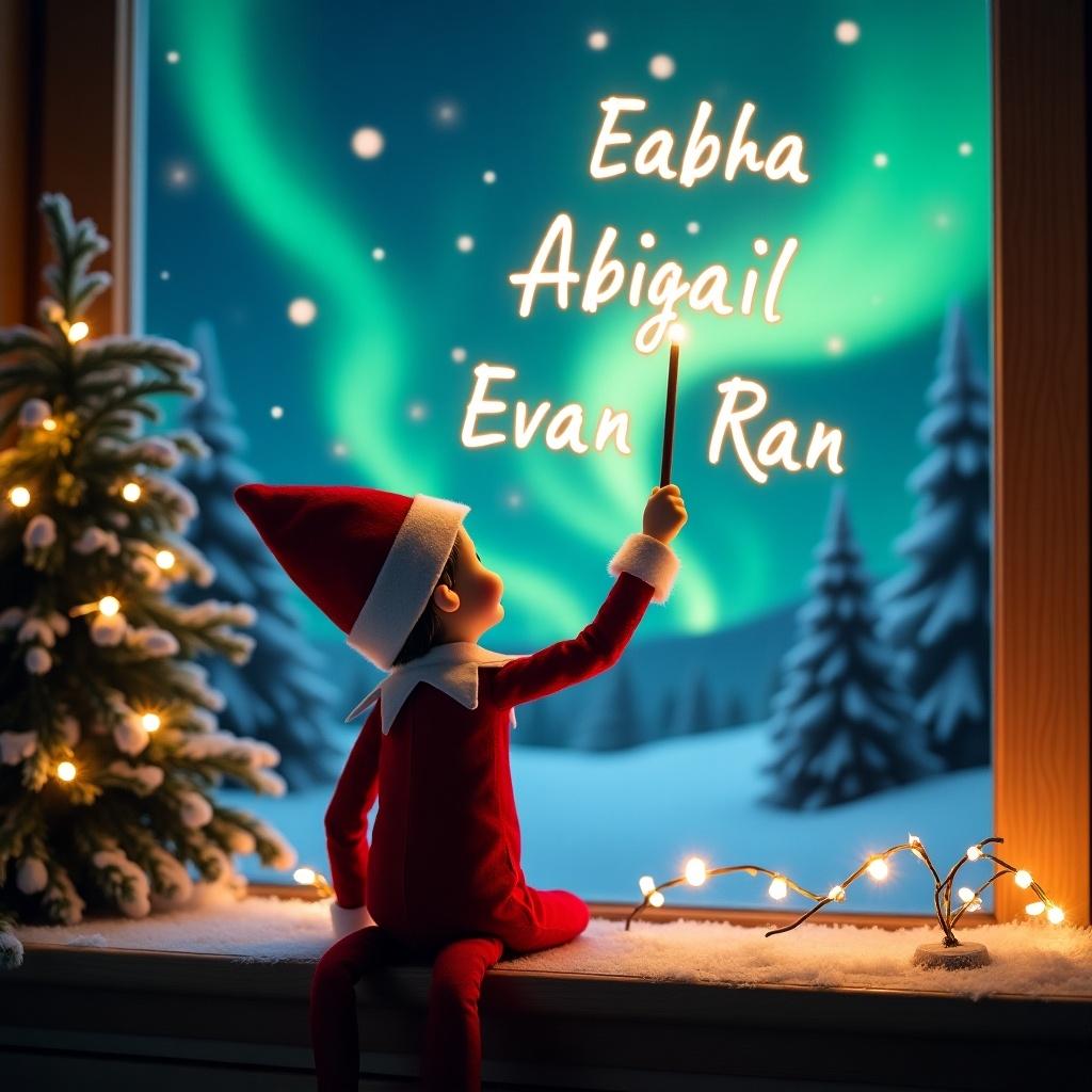 An enchanting Christmas scene is depicted, showcasing an elf on the shelf. The elf, adorned in traditional red and white attire, sits with its back to the viewer. With a magic wand in hand, it writes 'Eabha, Abigail, Evan, and Rían' in glowing letters above it. The background features vibrant northern lights, creating a magical atmosphere. The overall scene is festive and whimsical, embodying the joy and excitement of the Christmas season.