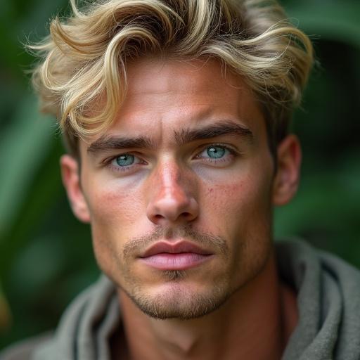 A medium close-up hyperrealistic image of a muscular young adventurer with blonde hair and blue eyes in an outdoor setting with soft diffused lighting and blurred foliage background. His expression is relaxed with a hint of a smile; features high cheekbones and a defined jawline. His hair is styled with loose strands.