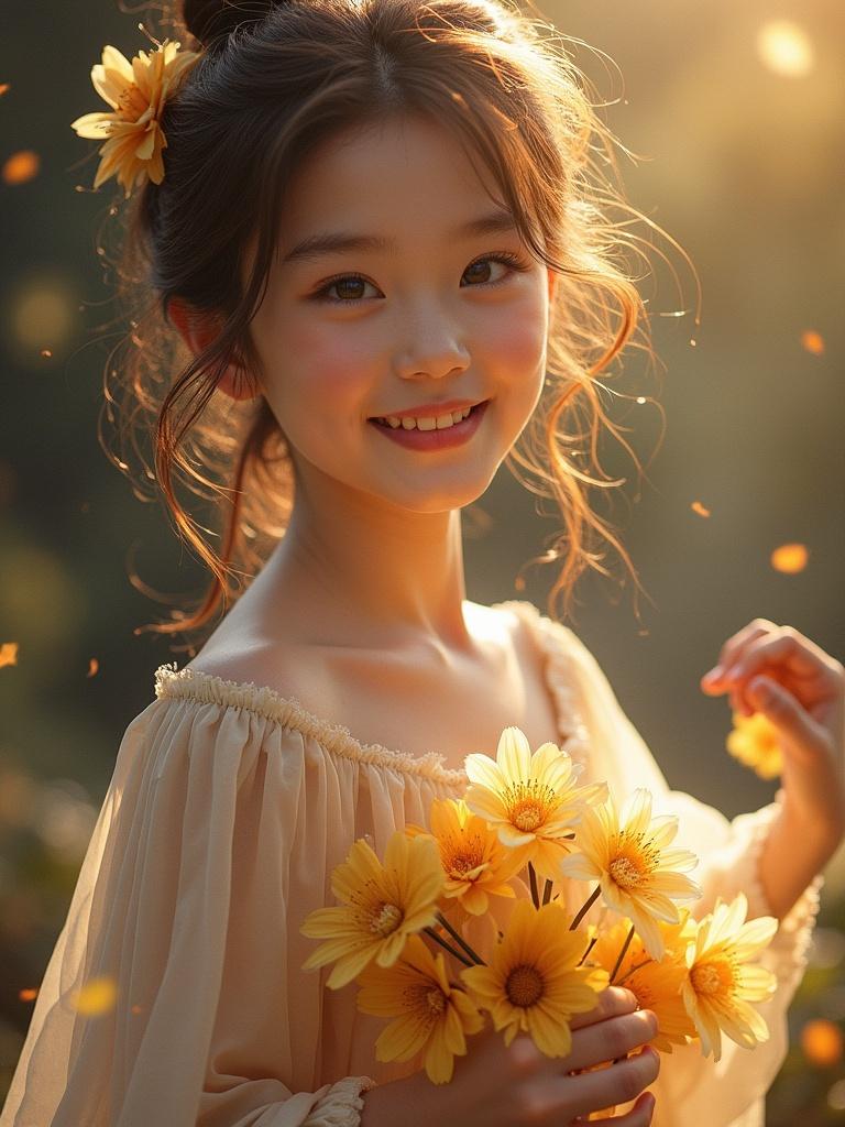 A young woman holds a bouquet of yellow flowers. The image captures her in soft golden sunlight. She wears a flowing cream top. The background is softly blurred with natural elements.