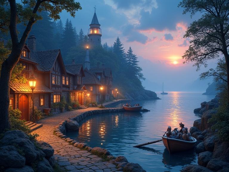 Enchanting harbor village at twilight. Cozy cottages with glowing lanterns. Gentle waves lap at the shore. Whimsical creatures like friendly dragons and talking animals appear. Misty forests in the background and a sparkling lighthouse add mystery. Style is detailed and vibrant, perfect for fantasy storytelling.