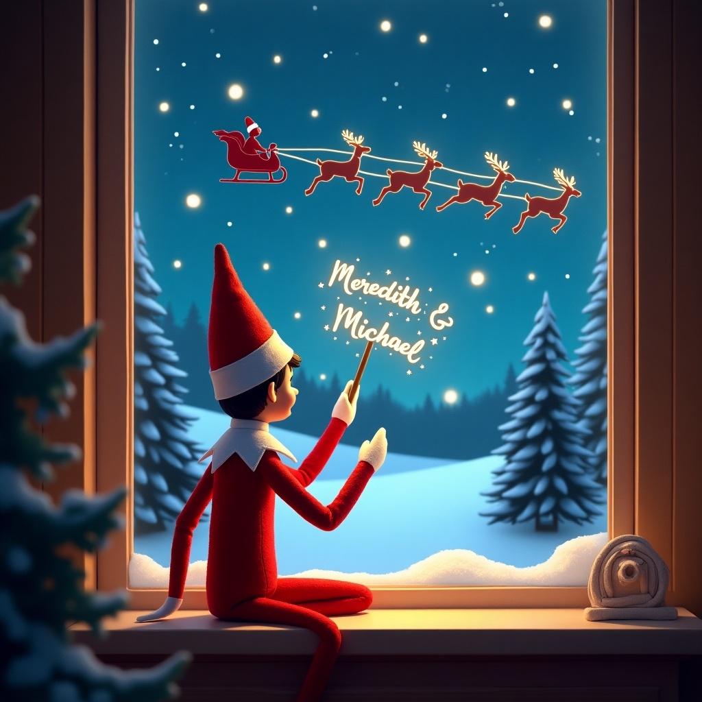 An enchanting scene featuring an Elf on the Shelf sits by a window, facing away from the viewer. The elf joyfully uses a wand to create sparkles in the night sky. The names Meredith and Michael are being written in the air. In the background, Santa’s silhouette can be seen in a sleigh flying with his reindeer across a snowy landscape. The warm glow from the window adds a magical touch to the winter night, with pine trees and a starry sky enhancing the festive atmosphere.