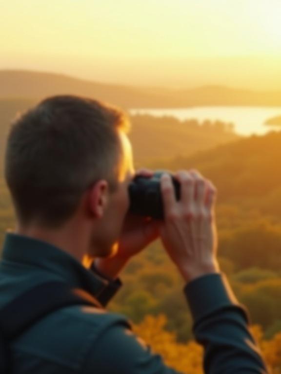Photorealistic image of a man observing a beautiful landscape. The focus is on the landscape in the distance. The atmosphere is filled with warm yellow light. Close-up behind the man's head for a detailed view of the scene.
