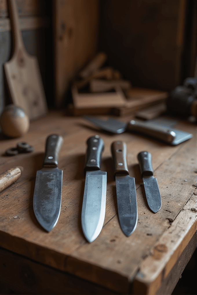 Four wooden-handled knives are neatly arranged on a wooden workbench.