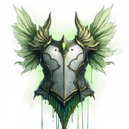 Icon representation of a legendary breastplate inspired by fairies. Features white, black, and green colors. Styled for card games, resembling World of Warcraft designs. Minimal details in a hand-painted style. Transparent background.