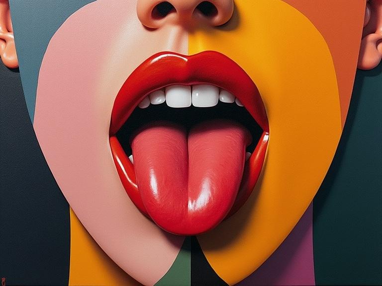 Artistic representation with geometric shapes. Bright colors used on facial features. Open mouth showing tongue. Focus on lips and tongue.