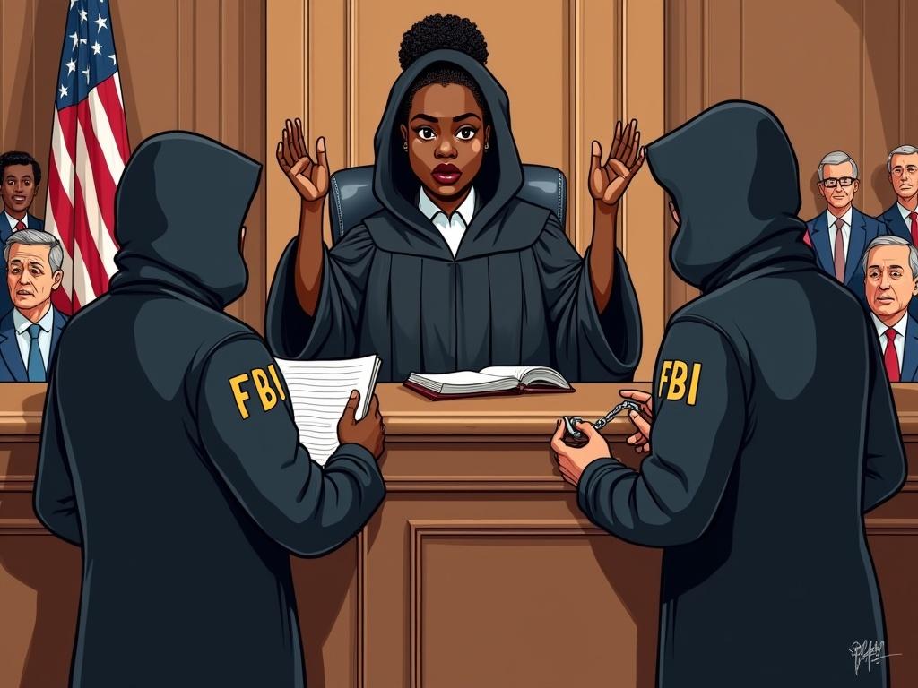 Cartoon scene in a courtroom with an Afro-American female judge behind the bench. Two hooded FBI agents are arresting her. One agent reads rights while the other holds handcuffs. U.S. flag in the background. Spectators react in shock. Colorful and exaggerated styling like a political cartoon.