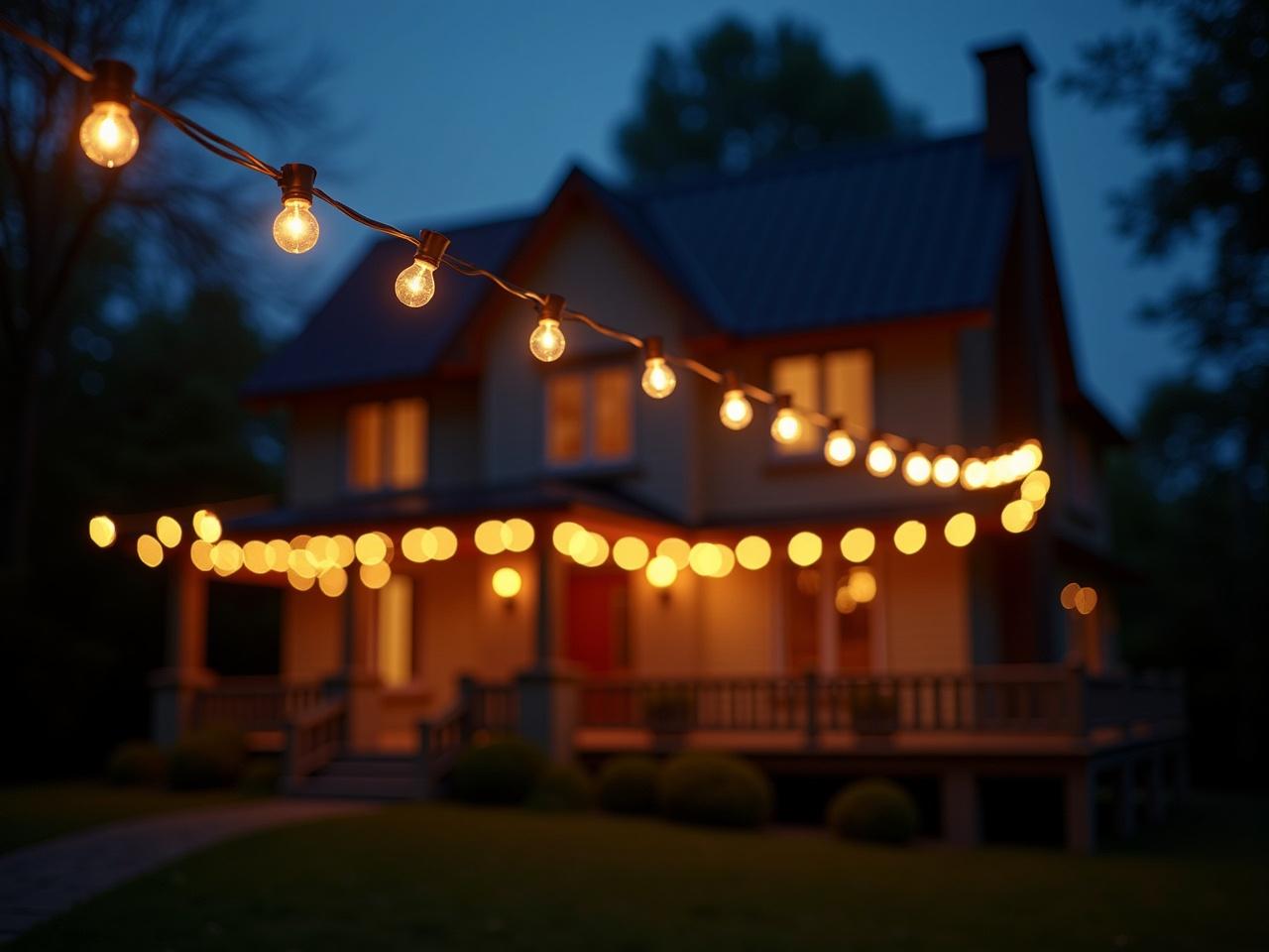 The image depicts a charming house illuminated by string lights hanging outside. The scene is set during twilight, creating an inviting atmosphere. The warm glow of the lights enhances the cozy appearance of the house. The porch and pathway are visible, adding to the inviting feel of the home. This setting is perfect for outdoor gatherings or evening relaxation.