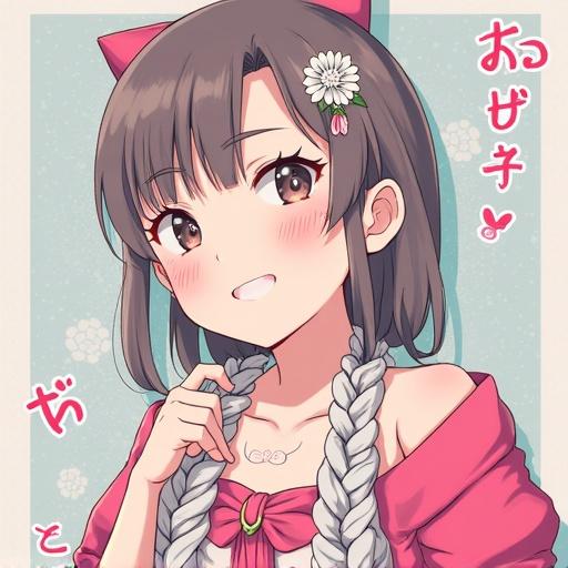 Anime character with brown hair wearing a pink bow. The character has a cheerful smile. There is a flower accessory in the hair. The background is light blue with soft textures.