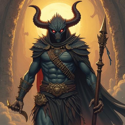 Alectar as a dark fantasy creature. Majestic figure with horns and glowing red eyes. Wearing ornate armor and wielding a staff. Backlit by a glowing orb. Dramatic pose. Strong muscular build.