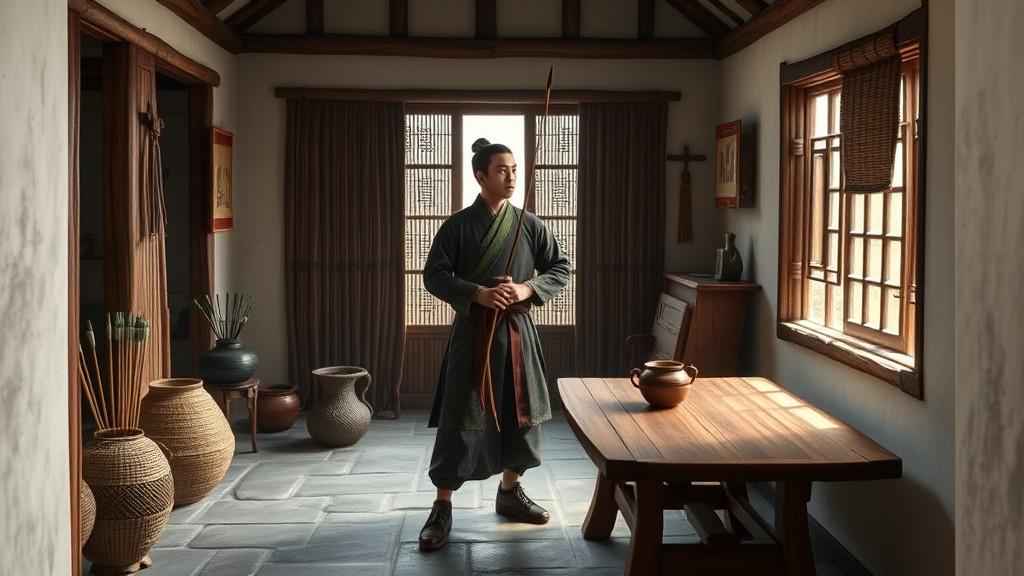 A man in traditional attire stands in a sunlit, rustic room filled with wooden furnishings and pottery.