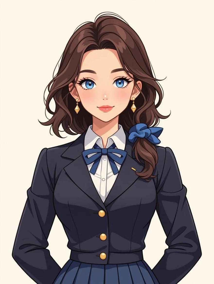 Full body portrait of a female character. Character has liquid-blue eyes, small mouth, button nose. Dark brown hair is styled in a deliberately messy shoulder-length cut. Hair adorned with a blue scrunchie and a silver clip. Character has a plump body, wide hips, flashy earrings, tight school uniform with padded skirt, and high-knee socks. Background is trendy. The style features soft and diffused lights, smooth lines and shading, comic book illustration, ultra-detailed, digital art.