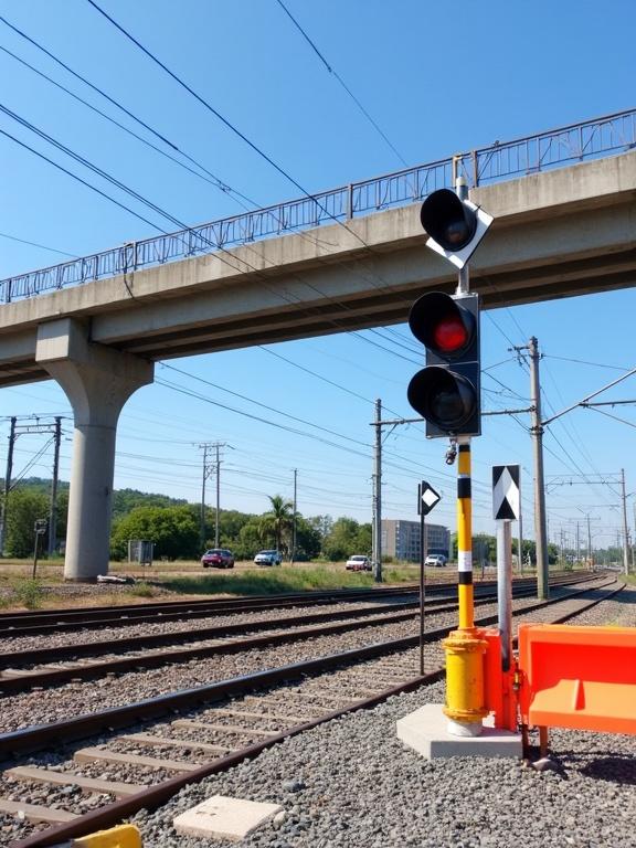 Photograph of a railway crossing during daytime with a clear blue sky. A concrete overpass is visible in the background. Railway tracks are in the foreground. A black and red railroad crossing signal is shown with two black diamond-shaped signs on top. A yellow and black striped post is at the bottom of the signal. There are orange plastic barriers on the right side of the tracks and a white and black crossbuck sign. Overhead electrical wires and power lines are present. The scene features gravel on the tracks and some greenery in the background. It is bright and sunny with no people. The image showcases high quality, sharp details, and realistic colors, reflecting an industrial and urban environment with textures of metal and concrete. Railway safety is emphasized with visible signs and signals.