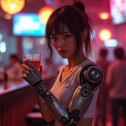 Victorious Japanese teenage girl with a robotic arm in a sci-fi bar celebrating a martial arts win.