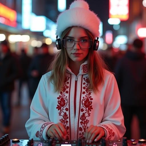 Photorealistic image of a young female DJ in a city at night. She wears a white vyshyvanka with red embroidery. A fluffy white hat with pompom complements her look. Professional headphones sit over her ears. Hands are positioned on a Pioneer CDJ-3000 remote control with buttons highlighted. The blurred background features a crowd and neon signs. Nighttime scene has reflections on wet paving stones. Overall focus on DJ's hands and attire. Hyper-realistic style captures intricate details of embroidery and skin texture.