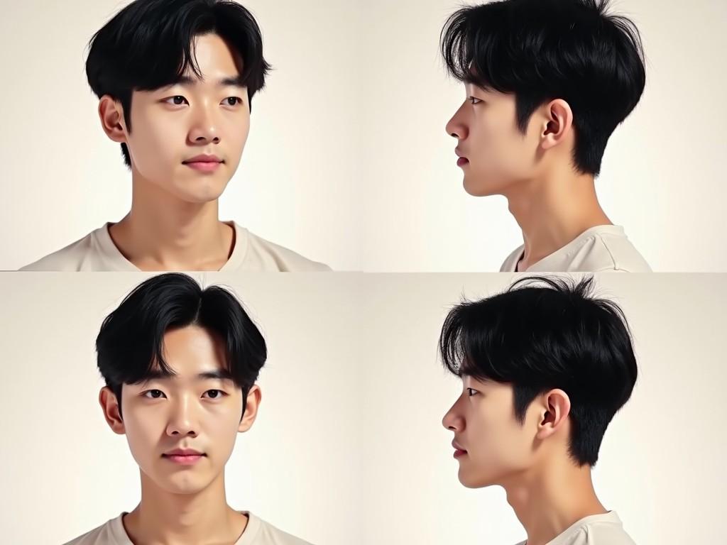 A young man with dark hair, shown in front and side profiles, neutral backdrop.