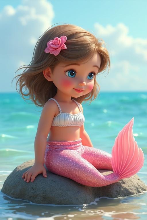 Generate an image of a three year old toddler mermaid with light brown hair and blue eyes. She is beautiful. She has a shimmering pink tail and white string vest top. She is sat on a rock in the ocean looking towards the shore.