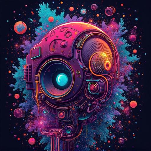 An artistic and colorful tech-themed album cover featuring a futuristic robotic head with vibrant colors and space elements. The text 'DJ Ambertronixx' is prominently displayed.