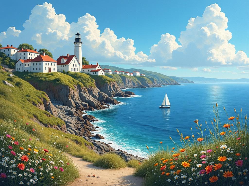 Painting features a coastal city with a lighthouse. Wildflowers decorate the foreground. Rocky shore path leads to white buildings on a cliff. Sailboat appears in the distance. Blue sky filled with clouds.
