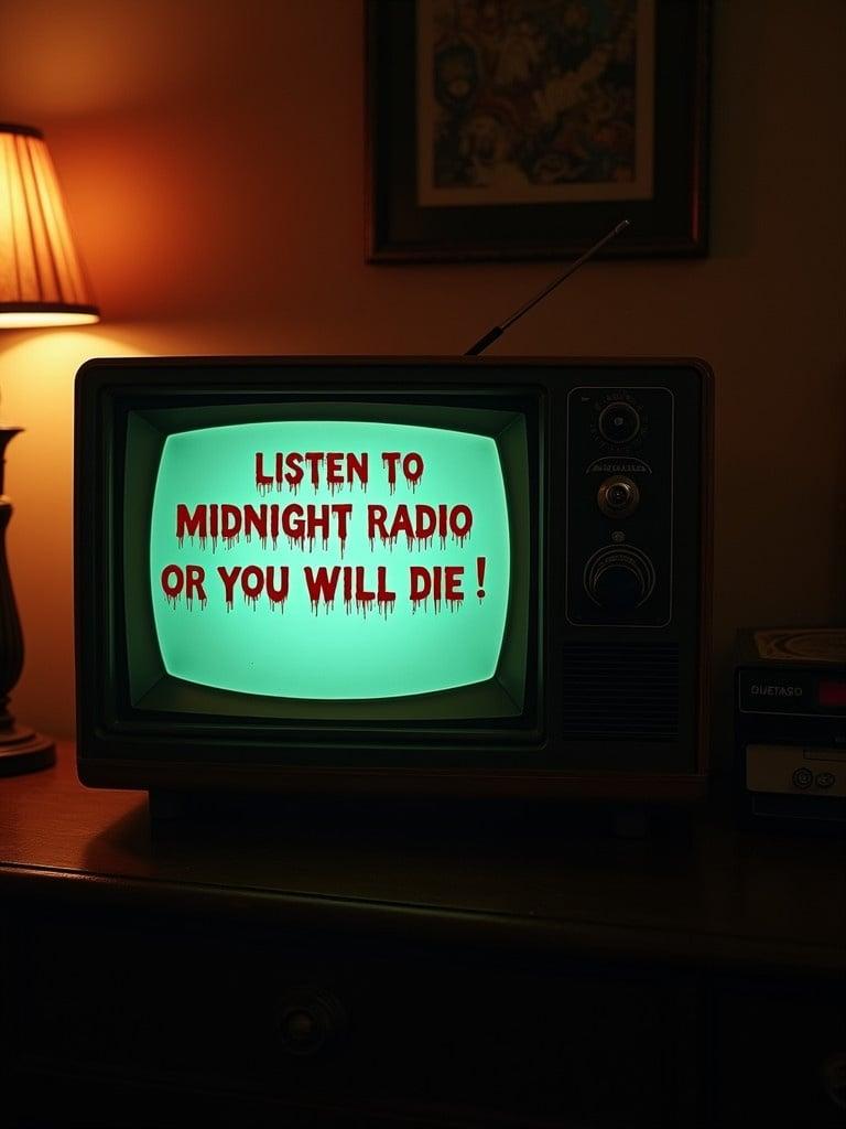 Vintage television shows scary text in red. Cozy retro room with warm lighting. Classic design evokes nostalgia.