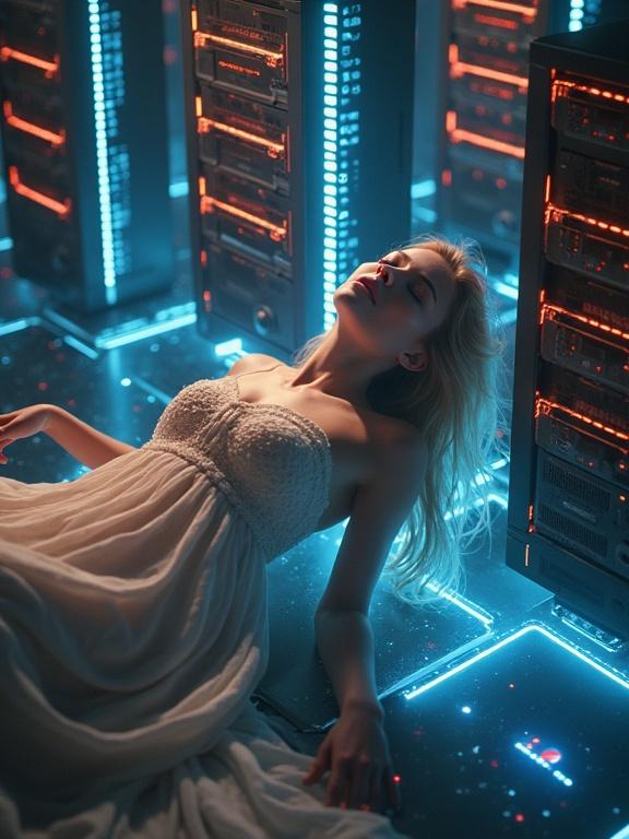 A young woman lies on an altar illuminated by glowing technology. She appears to be a sacrifice surrounded by large servers. Her arms are extended and connected by fiber optic cables. The lighting creates a techno-ritual atmosphere. Her face reflects a mix of emotions, combining fear and ecstasy.
