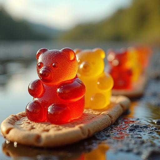 Gummy bear villagers escape on cookie sheet rafts across a reflective surface.