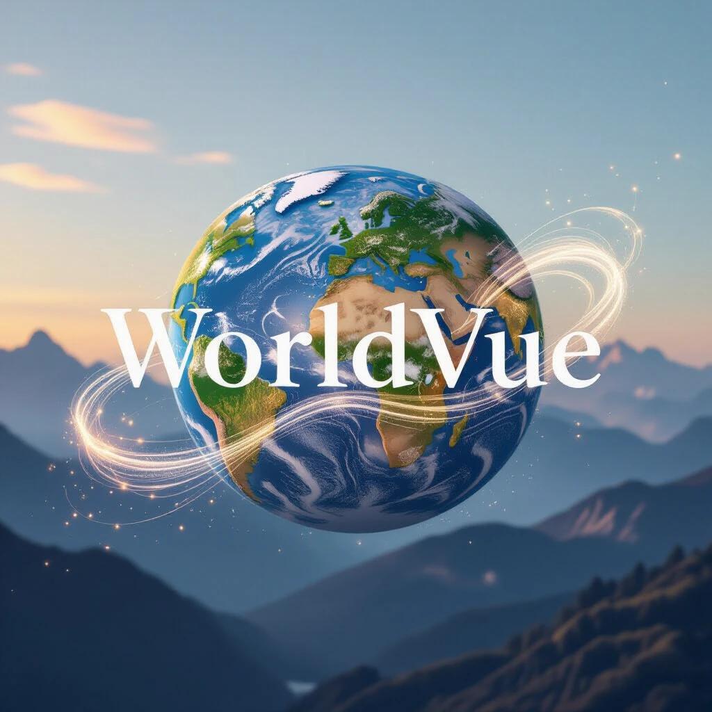 The word WorldVue appears in a flowing wind of data. The Earth is depicted with glowing particles. Mountains and oceans are present in the background. A calm and contemplative atmosphere is suggested. The design uses soft pastels and ambient lighting. Impressionistic style enhances serenity.