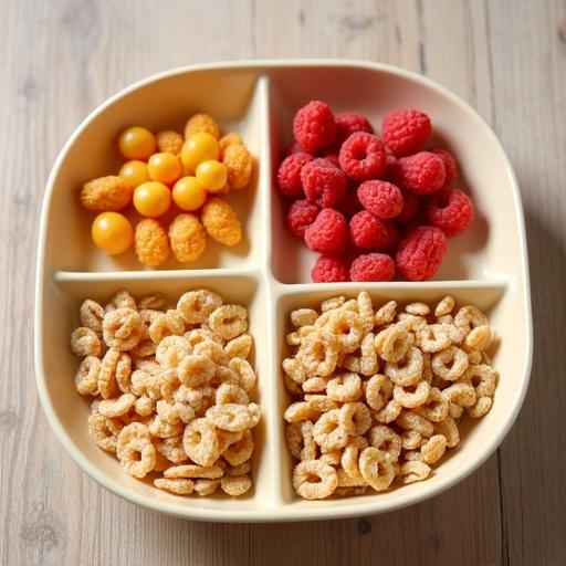 A divided plate containing colorful cereals and fruits. One section has red raspberries, another has yellow sweets, and a third has circular cereals. The plate is beige and placed on a wooden table.